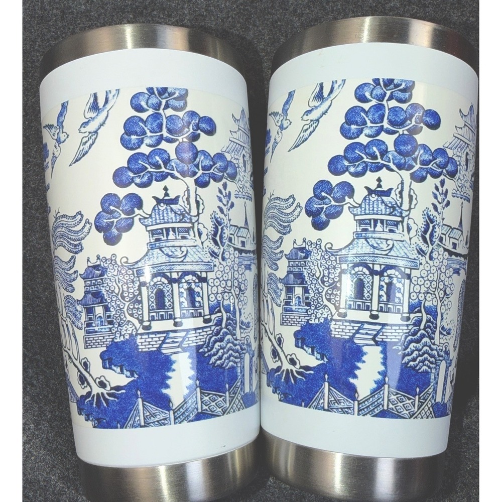 Set of 2 Blue Willow Chinoiserie Stainless Steel Tumblers Cups